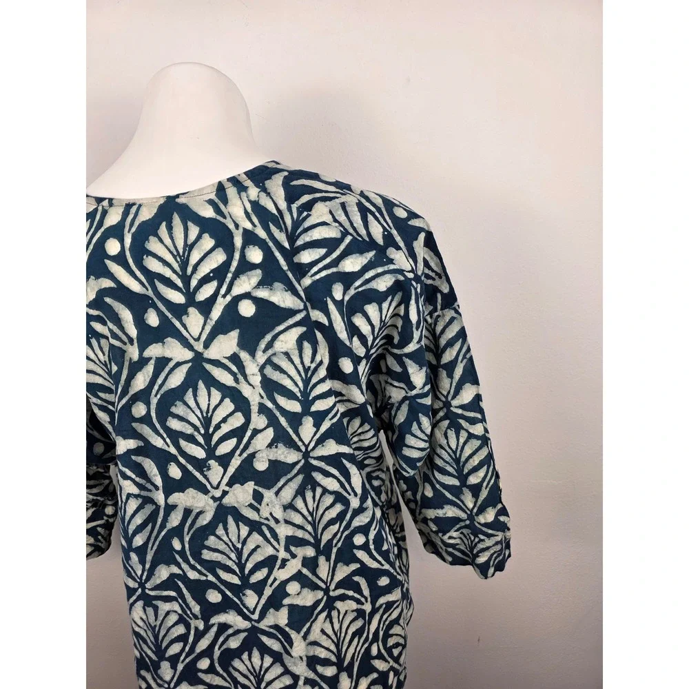 Anokhi Indigo Blue Cotton Block Print Pintuck Tunic Dress S/M Made in India